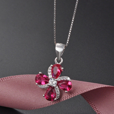 Red Birthstone Four Leaf Design Silver Necklace - Click Image to Close